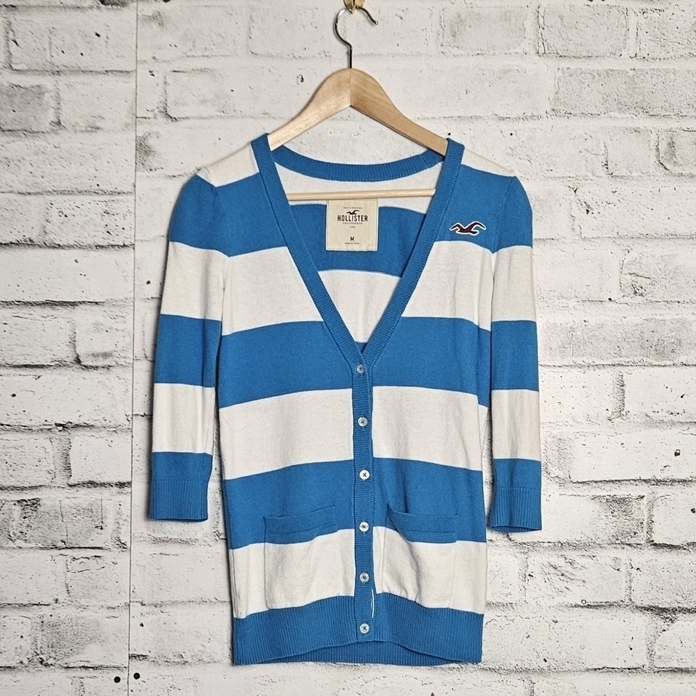Hollister Y2K Striped Cardigan Sweater Blue White Preppy Coastal